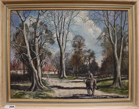 Mann, oil on board, horse and rider on a lane, 44 x 59cm